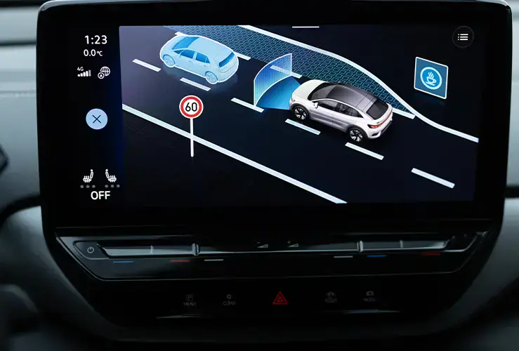 A screen showing how driving assist works to prevent collisions