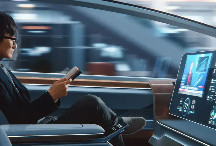 A man in a car that is driving itself